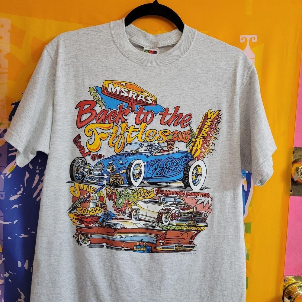 2003 MSRA's Back to the Fifties gray t-shirt with graphic of vintage cars and te